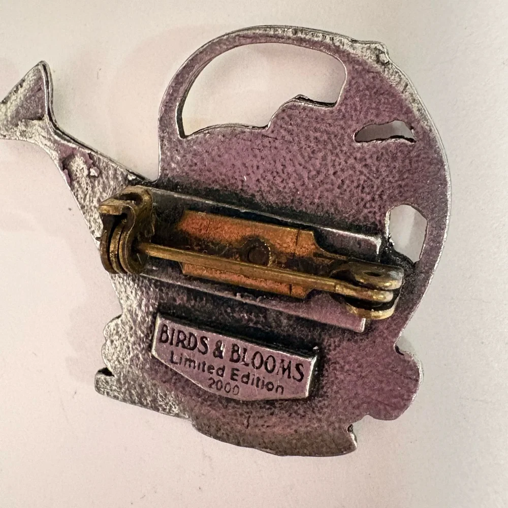 Vintage 1983 Vintage Pewter Floral Watering Can Brooch
